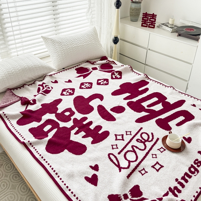 91家纺网 家纺一手货源 找家纺 苏艺针织盖毯 2024新款中式风高端婚礼喜字毛毯 针织喜-欢喜喜字盖毯