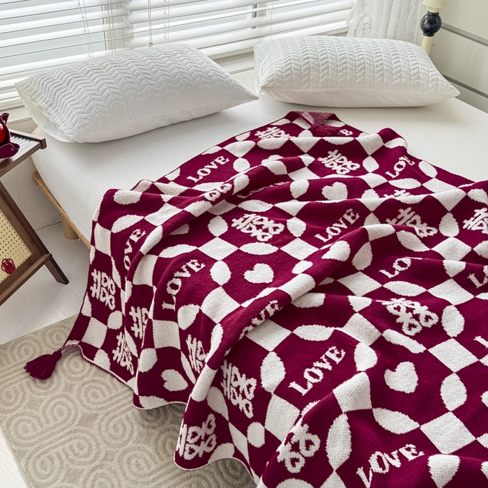 91家纺网 家纺一手货源 找家纺 苏艺针织盖毯 2024新款中式风高端婚礼喜字毛毯 针织毯喜-love喜字盖毯