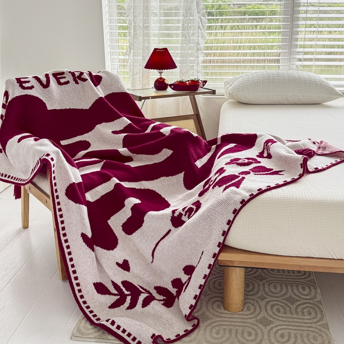 91家纺网 家纺一手货源 找家纺 苏艺针织盖毯 2024新款中式风高端婚礼喜字毛毯 针织喜-大喜百年好合盖毯