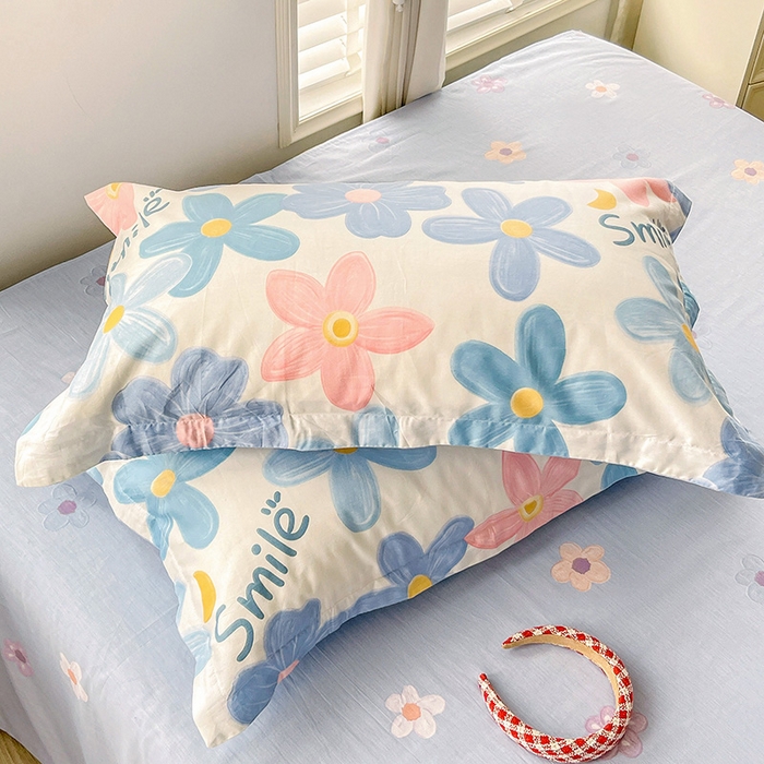 91家纺网 家纺一手货源 找家纺 恩泽 2024新款ins风全棉单品枕套 浅浅花漾蓝