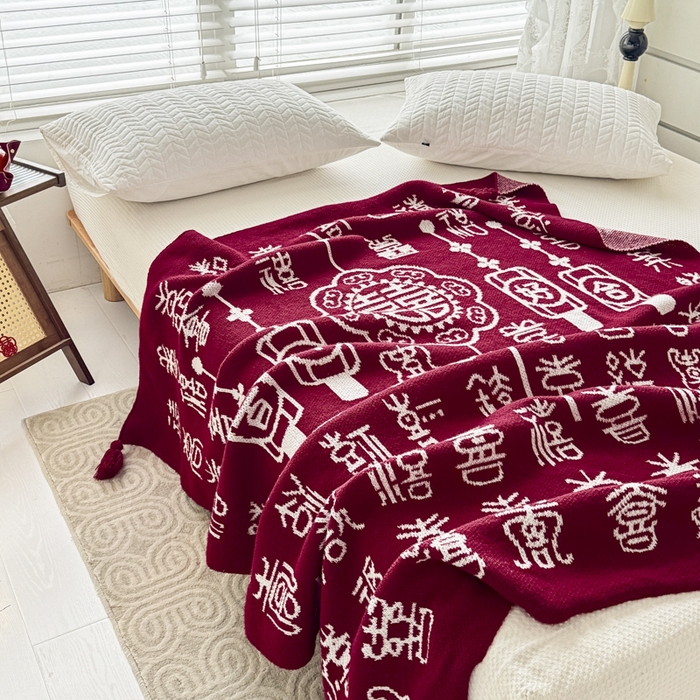 91家纺网 家纺一手货源 找家纺 苏艺针织盖毯 2024新款中式风高端婚礼喜字毛毯 针织喜-繁百年好合盖毯