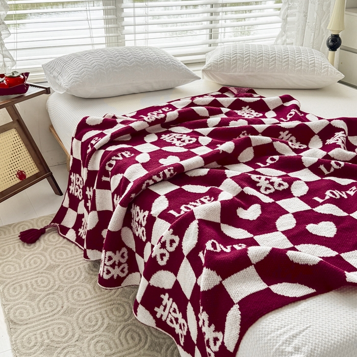 91家纺网 家纺一手货源 找家纺 苏艺针织盖毯 2024新款中式风高端婚礼喜字毛毯 针织毯喜-love喜字盖毯