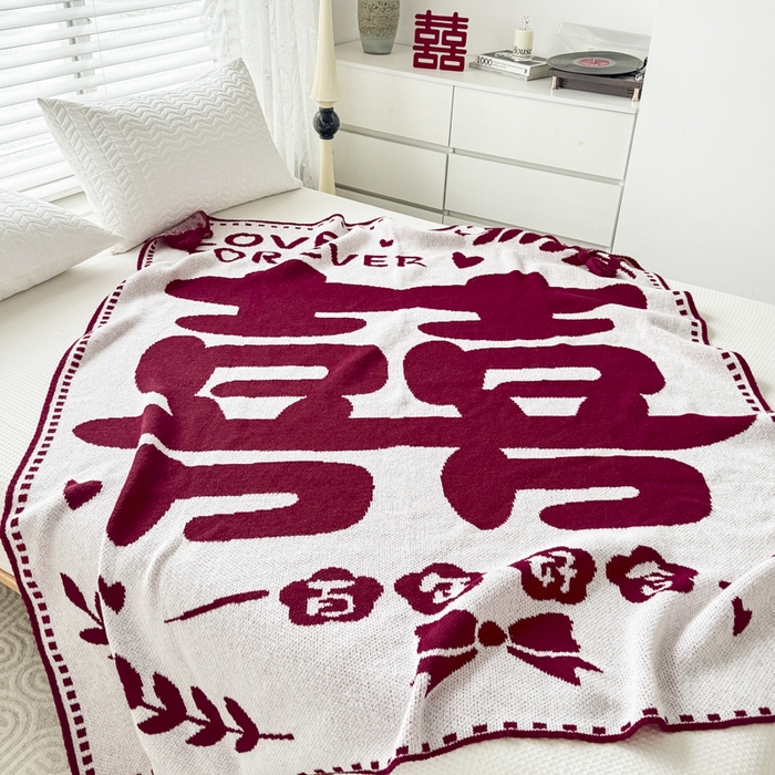 91家纺网 家纺一手货源 找家纺 苏艺针织盖毯 2024新款中式风高端婚礼喜字毛毯 针织喜-大喜百年好合盖毯