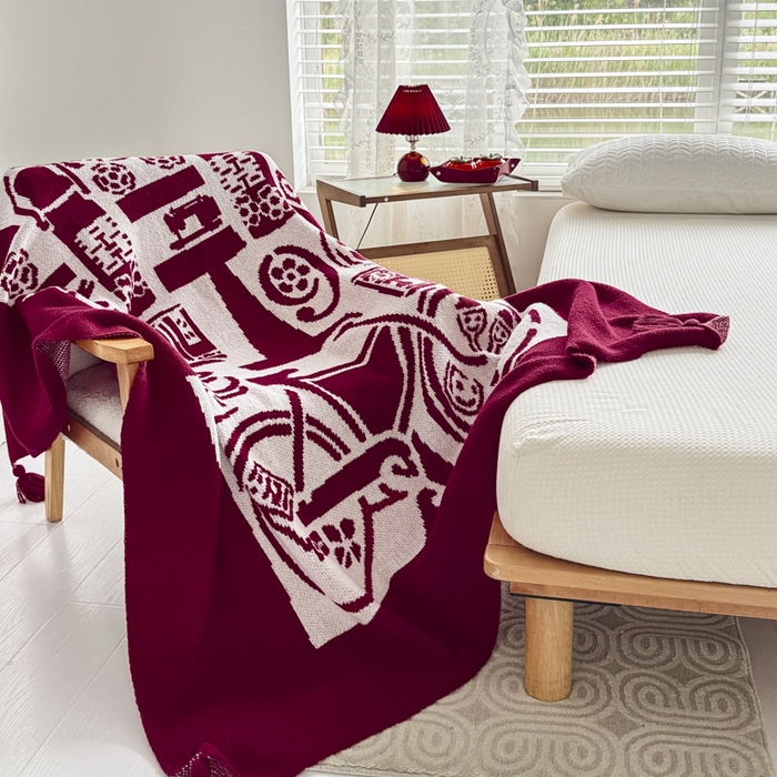 91家纺网 家纺一手货源 找家纺 苏艺针织盖毯 2024新款中式风高端婚礼喜字毛毯 针织喜-复古喜字盖毯