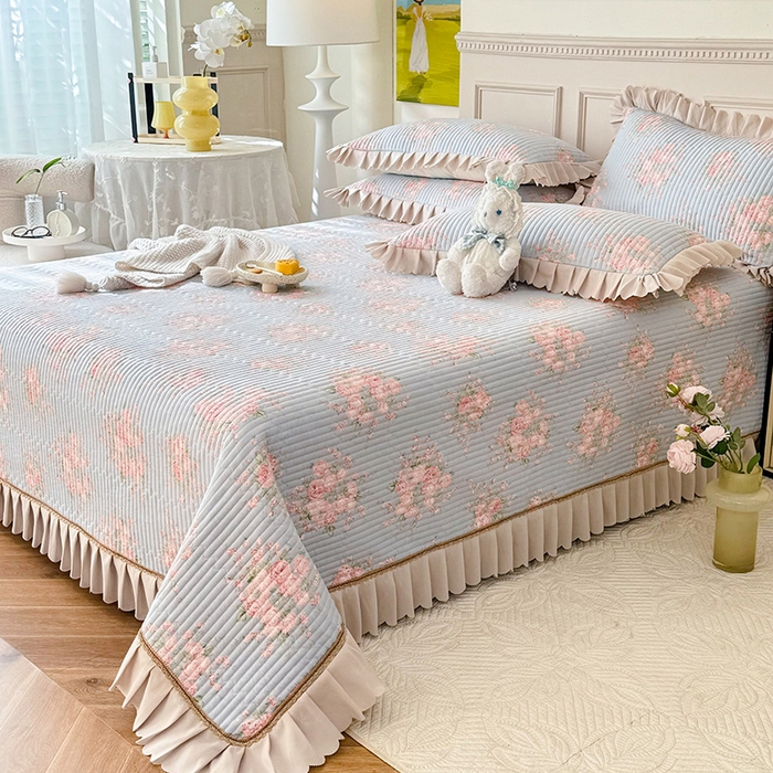 91家纺网 家纺一手货源 找家纺 美达家纺 2025新款全棉夹棉防滑小花边床盖 欧风花影