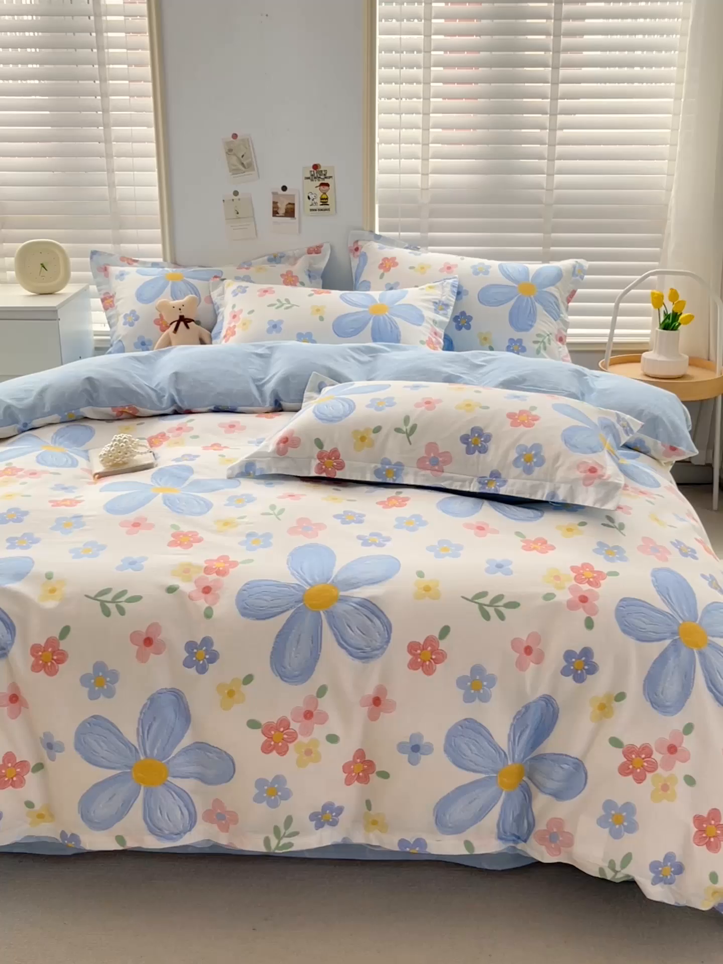 91家纺网 家纺一手货源 找家纺 2024新款ins风全棉印花单品被套 浅浅花漾蓝