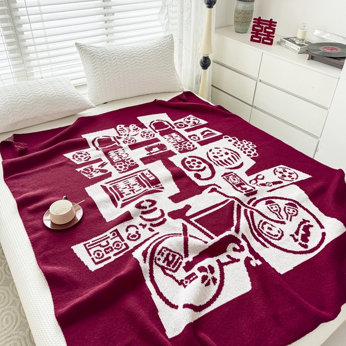 91家纺网 家纺一手货源 找家纺 苏艺针织盖毯 2024新款中式风高端婚礼喜字毛毯 针织喜-复古喜字盖毯