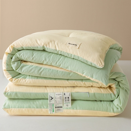 91家纺网 家纺一手货源 找家纺 莱登卡奴 2025春夏款学生宿舍被芯A类原棉水洗棉贴标大豆被夏被系列学生床被芯 水洗棉贴标款-奶白拼浅绿