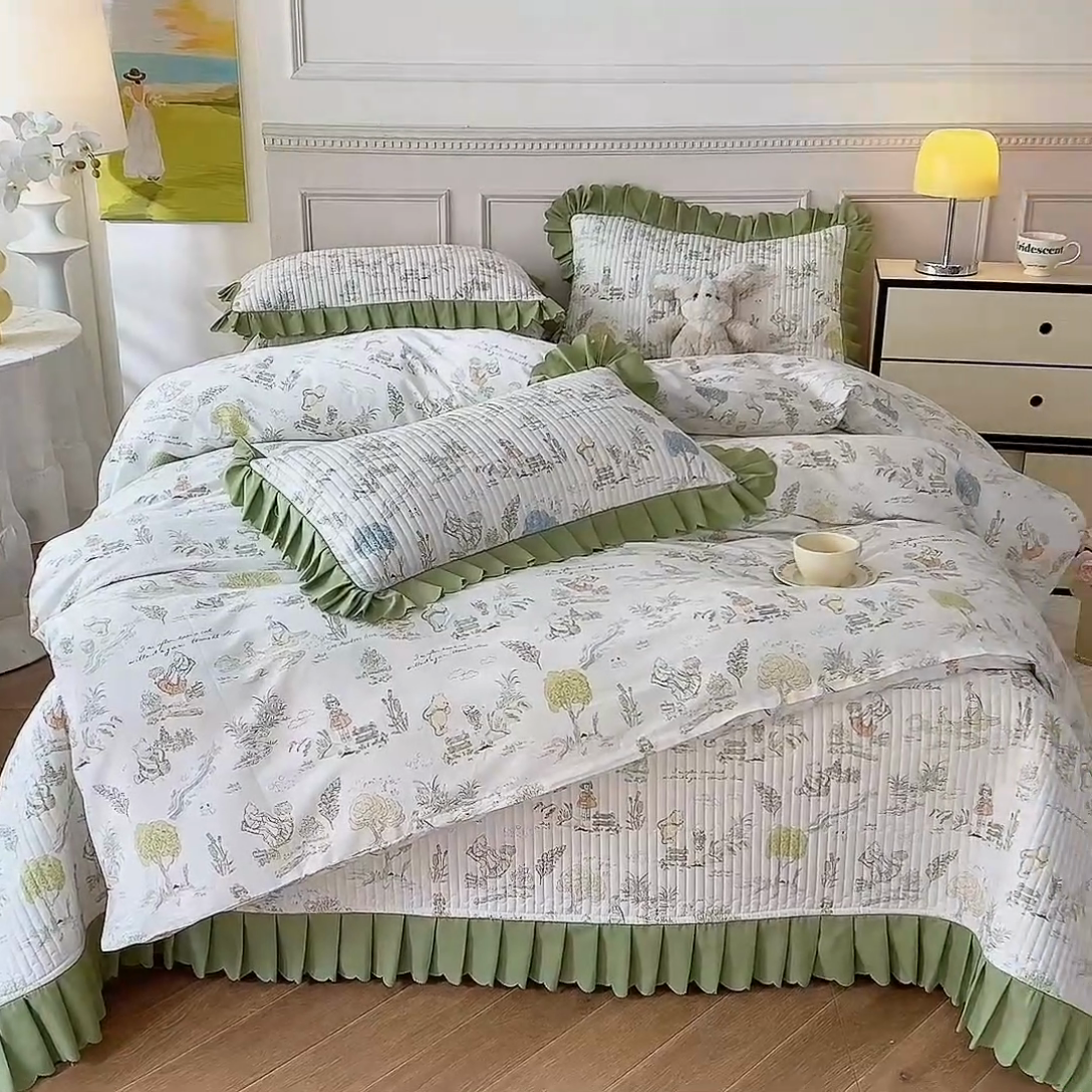 91家纺网 家纺一手货源 找家纺 美达家纺 2025新款全棉半夹棉花边床盖四件套 童话故事