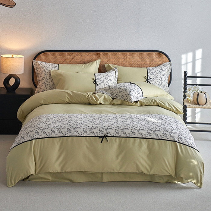 91家纺网 家纺一手货源 找家纺 2024新款全棉轻法式复古蝴蝶结刺绣工艺款四件套 奈妃-复古绿