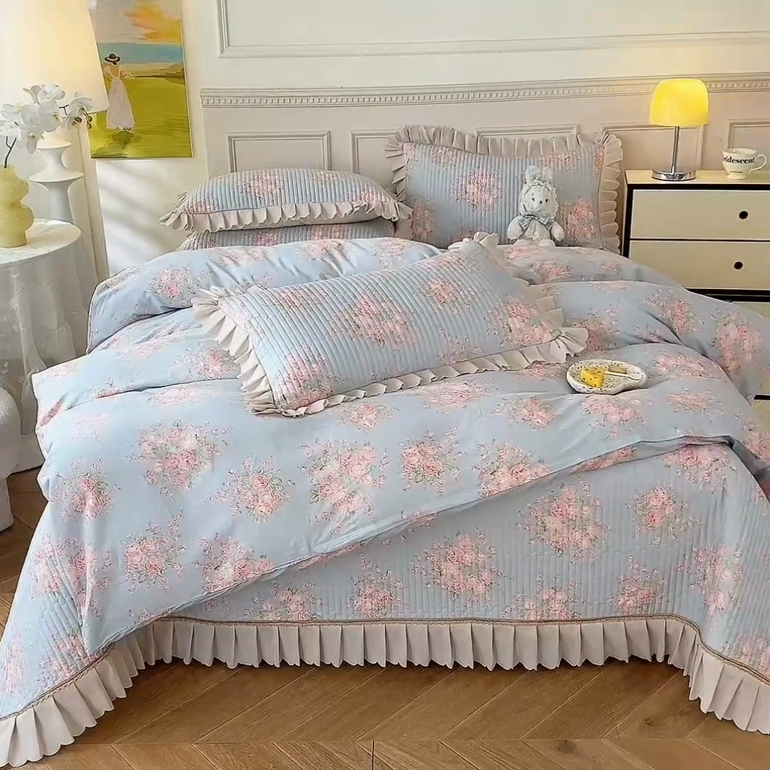 91家纺网 家纺一手货源 找家纺 美达家纺 2025新款全棉半夹棉花边床盖四件套 欧风花影