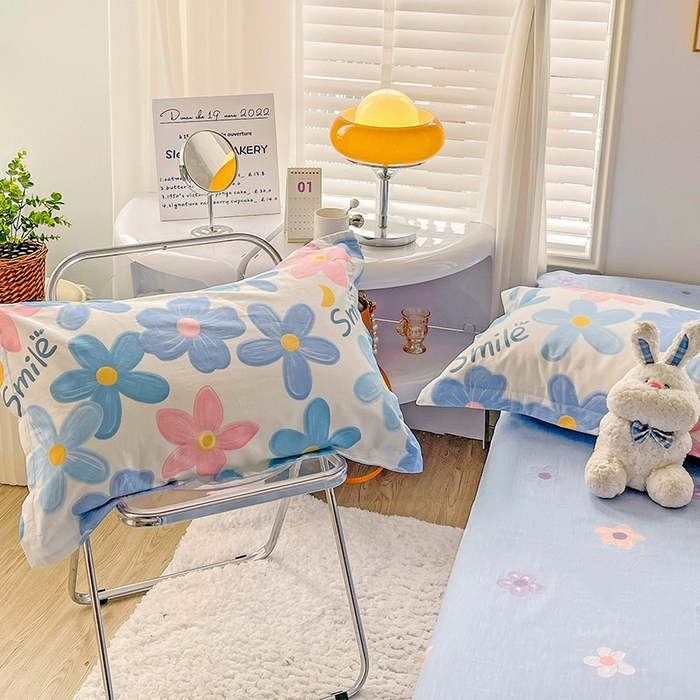 91家纺网 家纺一手货源 找家纺 恩泽 2024新款ins风全棉单品枕套 浅浅花漾蓝