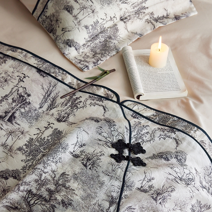 91家纺网 家纺一手货源 找家纺 2024新款全新工艺古风全棉天丝盘扣四件套 墨韵古香