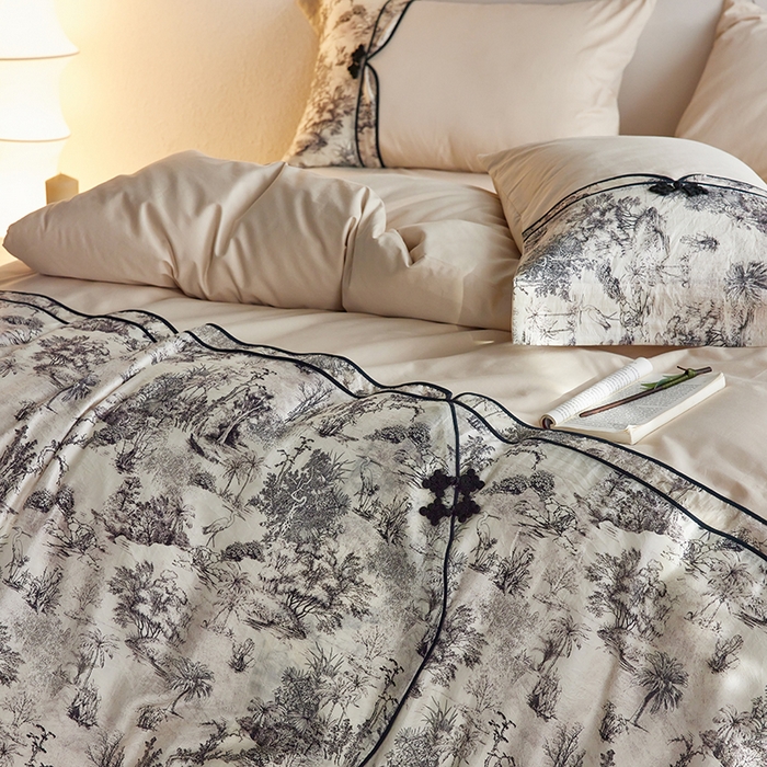 91家纺网 家纺一手货源 找家纺 2024新款全新工艺古风全棉天丝盘扣四件套 墨韵古香