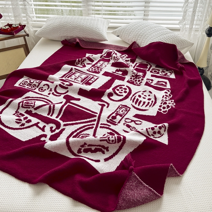 91家纺网 家纺一手货源 找家纺 苏艺针织盖毯 2024新款中式风高端婚礼喜字毛毯 针织喜-复古喜字盖毯