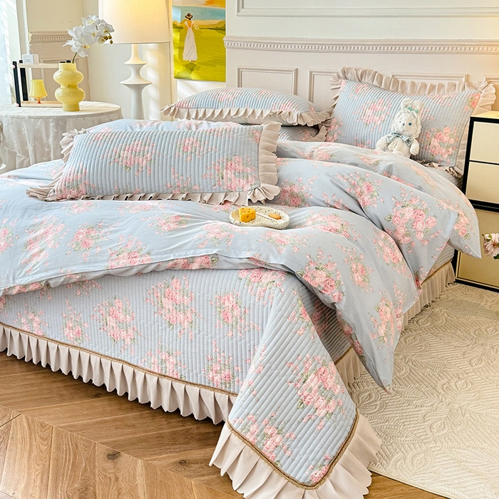 91家纺网 家纺一手货源 找家纺 美达家纺 2025新款全棉半夹棉花边床盖四件套 欧风花影