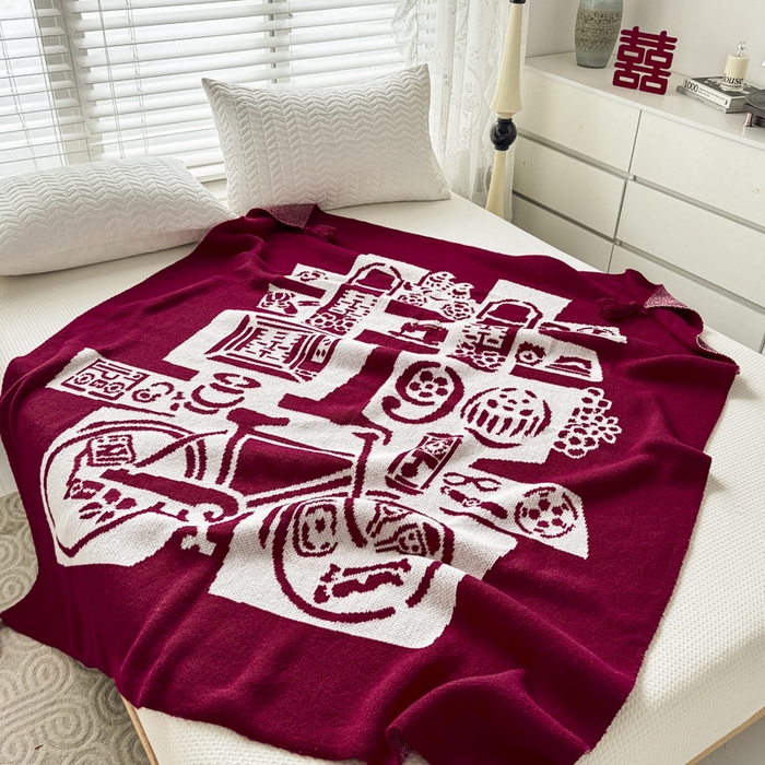 91家纺网 家纺一手货源 找家纺 苏艺针织盖毯 2024新款中式风高端婚礼喜字毛毯 针织喜-复古喜字盖毯