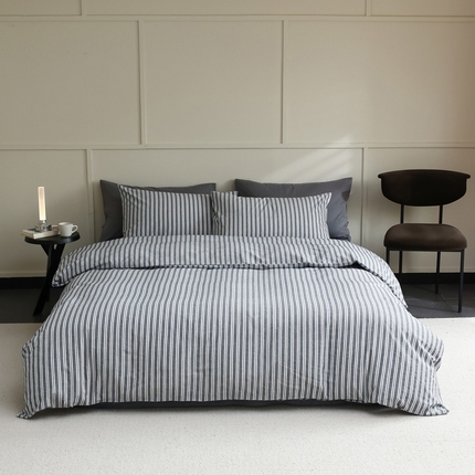 2024新款全棉色织水洗棉四件套-宽窄条 宽窄条藏青灰