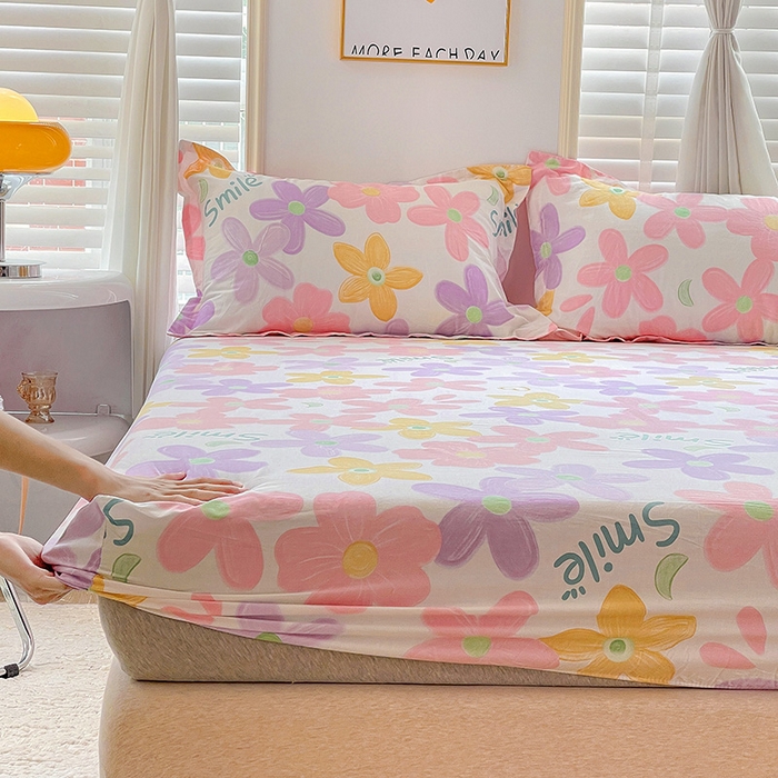 91家纺网 家纺一手货源 找家纺 恩泽 2024新款ins风全棉单品床笠 浅浅花漾粉