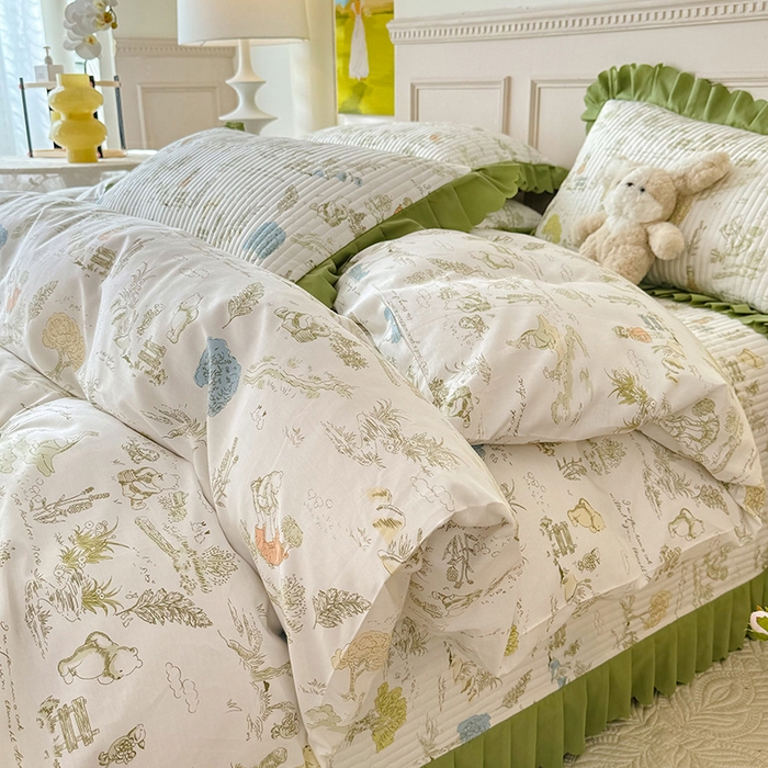 91家纺网 家纺一手货源 找家纺 美达家纺 2025新款全棉半夹棉花边床盖四件套 童话故事