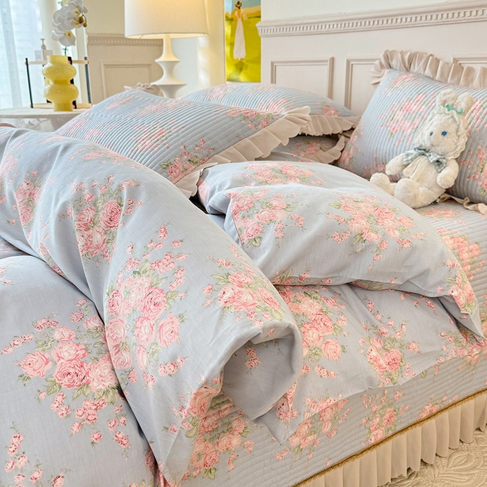 91家纺网 家纺一手货源 找家纺 美达家纺 2025新款全棉半夹棉花边床盖四件套 欧风花影