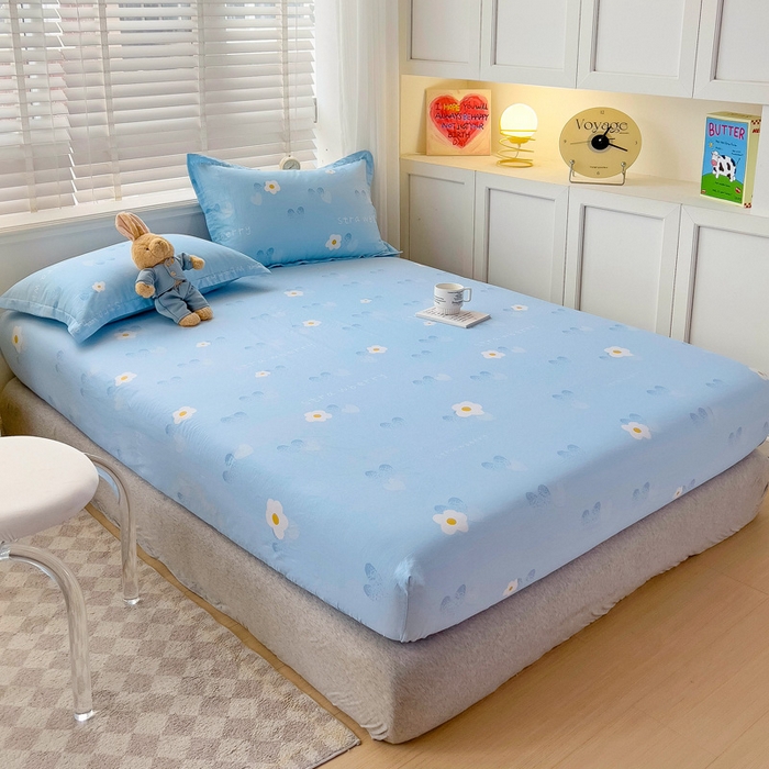 91家纺网 家纺一手货源 找家纺 恩泽 2024新款ins风全棉单品床笠 蓝色心情