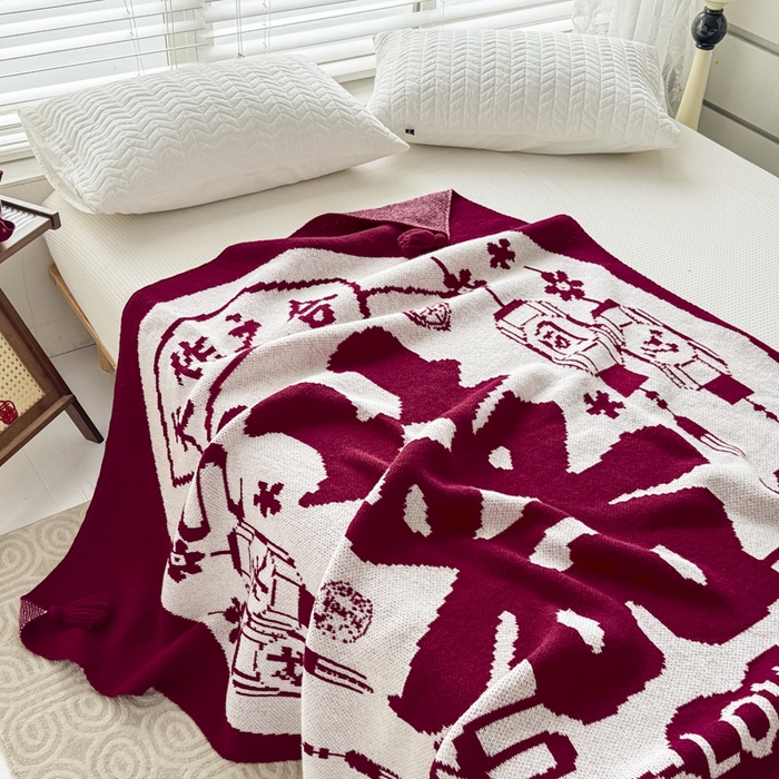 91家纺网 家纺一手货源 找家纺 苏艺针织盖毯 2024新款中式风高端婚礼喜字毛毯 针织喜-天作之合喜字盖毯