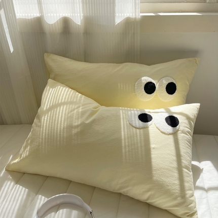 丽涵家纺 2024新款色织水洗棉大眼毛巾绣-单品枕套 大眼奶黄