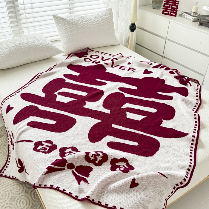 91家纺网 家纺一手货源 找家纺 苏艺针织盖毯 2024新款中式风高端婚礼喜字毛毯 针织喜-大喜百年好合盖毯