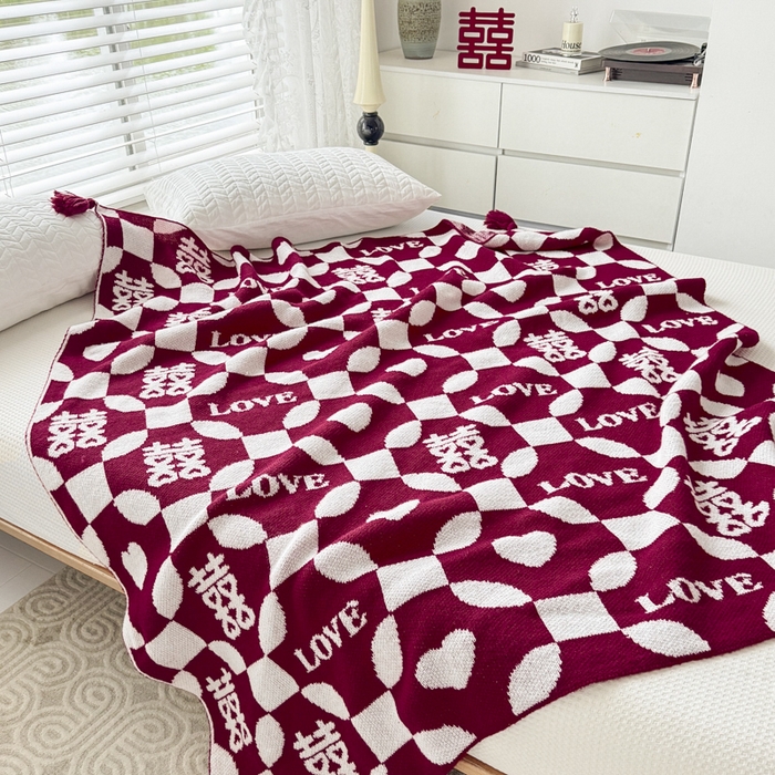 91家纺网 家纺一手货源 找家纺 苏艺针织盖毯 2024新款中式风高端婚礼喜字毛毯 针织毯喜-love喜字盖毯