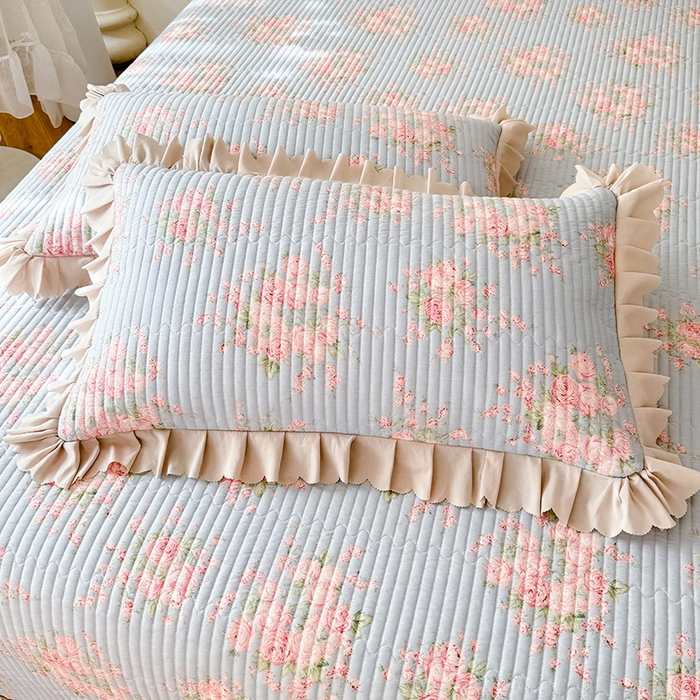 91家纺网 家纺一手货源 找家纺 美达家纺 2025新款全棉夹棉防滑小花边床盖 欧风花影