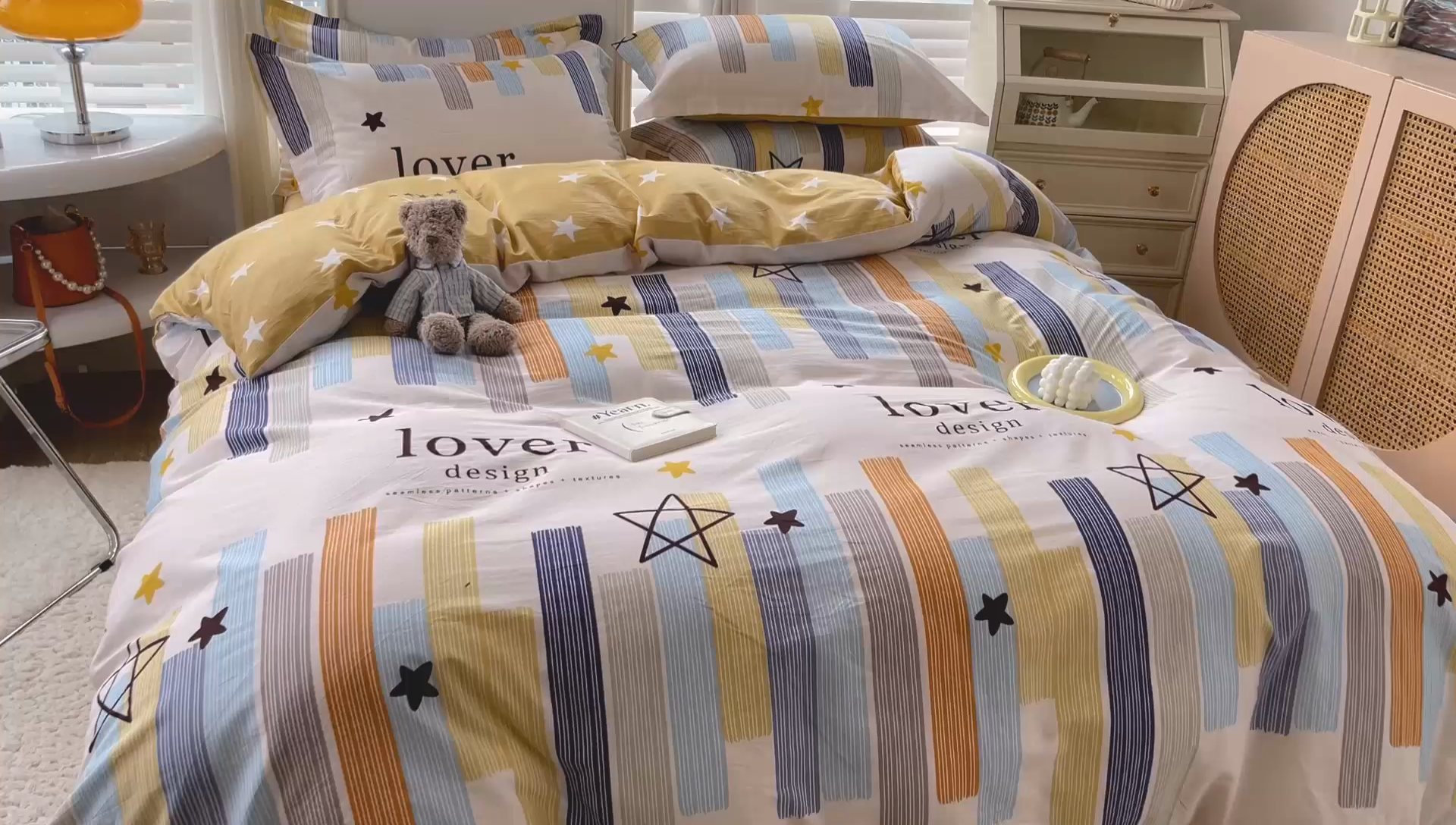 91家纺网 家纺一手货源 找家纺 恩泽 2024新款ins风全棉四件套 星光条纹