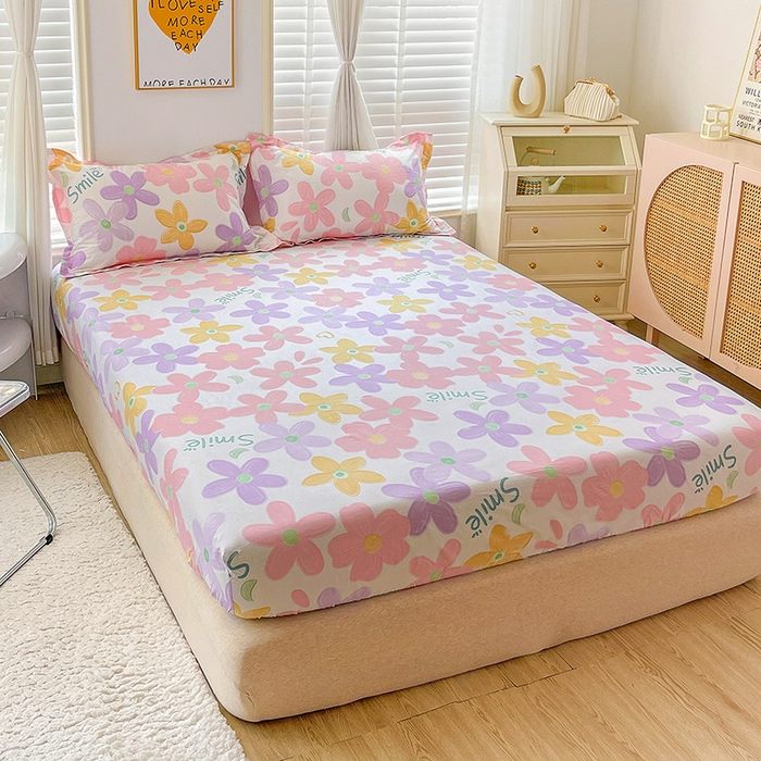 91家纺网 家纺一手货源 找家纺 恩泽 2024新款ins风全棉单品床笠 浅浅花漾粉