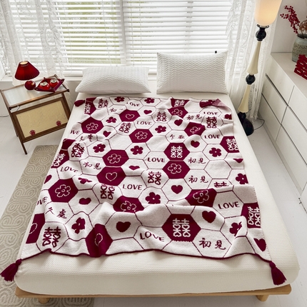 苏艺针织盖毯  2024新款中式风高端婚礼喜字毛毯 针织喜字-初见红色盖毯