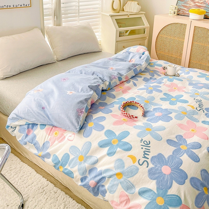 91家纺网 家纺一手货源 找家纺 2024新款ins风全棉印花单品被套 浅浅花漾蓝