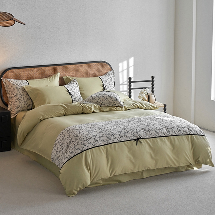 91家纺网 家纺一手货源 找家纺 2024新款全棉轻法式复古蝴蝶结刺绣工艺款四件套 奈妃-复古绿