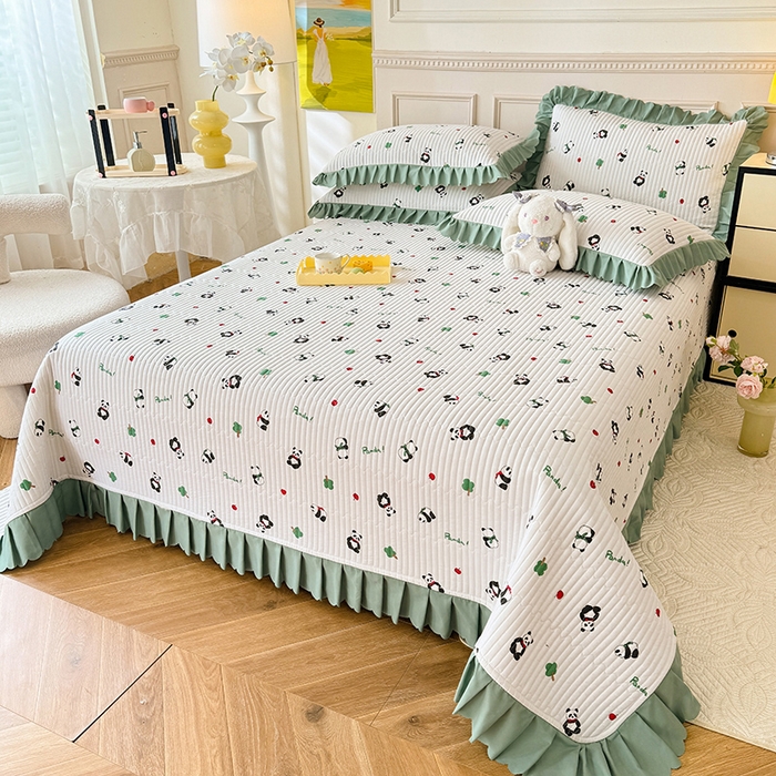 91家纺网 家纺一手货源 找家纺 美达家纺 2025新款全棉夹棉防滑小花边床盖 阳光胖达