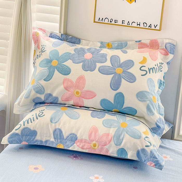 91家纺网 家纺一手货源 找家纺 恩泽 2024新款ins风全棉单品枕套 浅浅花漾蓝