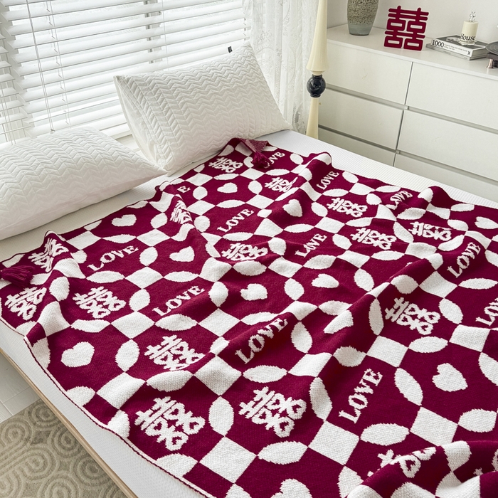 91家纺网 家纺一手货源 找家纺 苏艺针织盖毯 2024新款中式风高端婚礼喜字毛毯 针织毯喜-love喜字盖毯