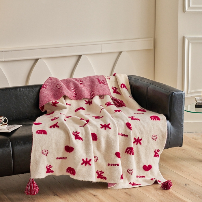 91家纺网 家纺一手货源 找家纺 苏艺针织盖毯 2024龙年限定高克重一体针织毛巾绣亲肤毛毯盖毯 一鹿有你（白）