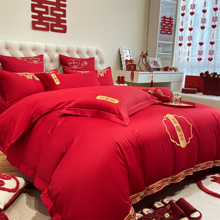 91家纺网 家纺一手货源 找家纺 东方合美（原：皇家传奇） 2024新款轻奢纯棉贡缎织造印花婚庆四件套 喜事