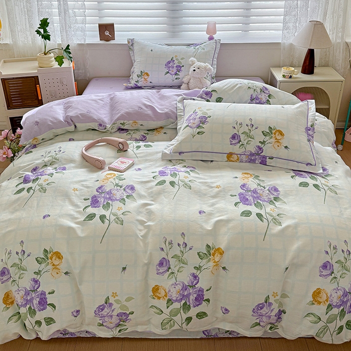 91家纺网 家纺一手货源 找家纺 乐童 2024新款直播爆款13070纯棉印花吊边款一字绣四件套第八波紫萱花