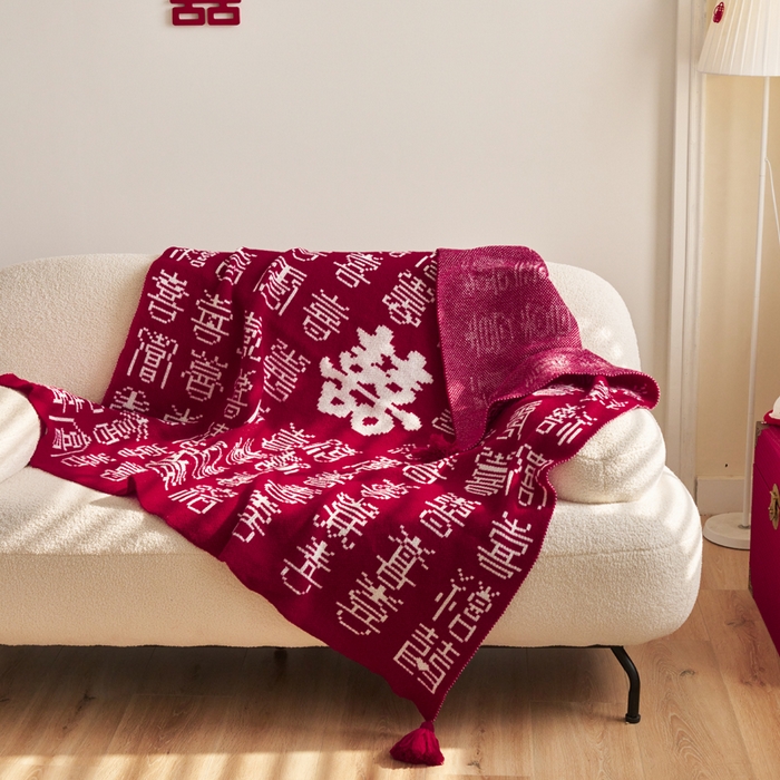 91家纺网 家纺一手货源 找家纺 苏艺针织盖毯 2024新款针织中式风高端婚礼喜字毛毯沙发盖毯 百喜毯（繁）