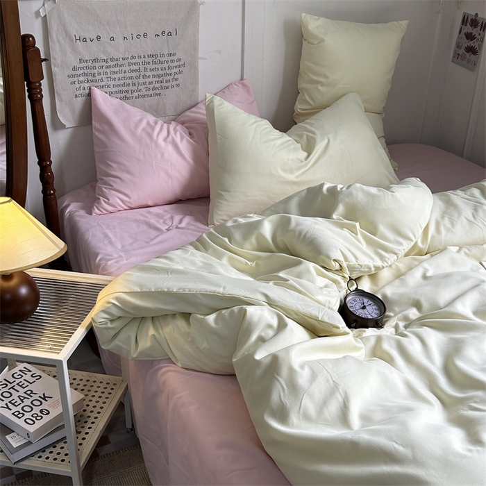 91家纺网 家纺一手货源 找家纺 优迈 2024新款ins风小红书同款纯色双拼水洗棉四件套亲肤加厚磨毛四件套混搭系列-单被套单床单单枕套单床笠 芝士桃桃
