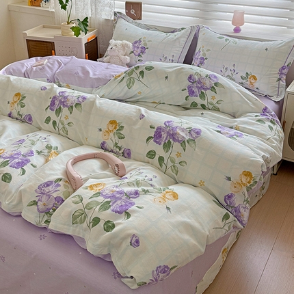 91家纺网 家纺一手货源 找家纺 乐童 2024新款直播爆款13070纯棉印花吊边款一字绣四件套第八波紫萱花