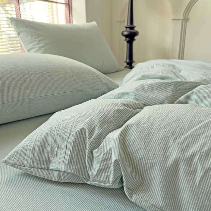 91家纺网 家纺一手货源 找家纺 呗旺鹿 2024新款A类40支全棉色织水洗棉四件套全棉四件套纯棉四件套无印风 时尚简约绿