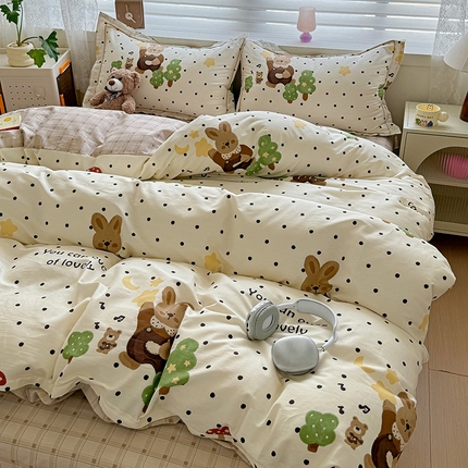 乐童 2024新款直播爆款13070纯棉印花吊边款一字绣四件套第八波波点学院熊