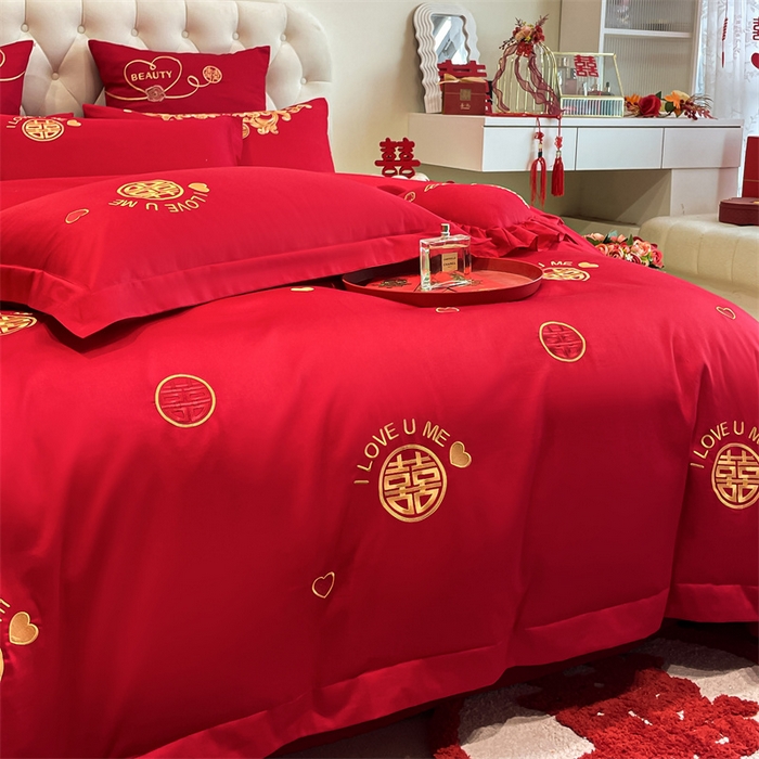 91家纺网 家纺一手货源 找家纺 东方合美（原：皇家传奇） 2024新款轻奢纯棉贡缎织造印花婚庆四件套 喜乐