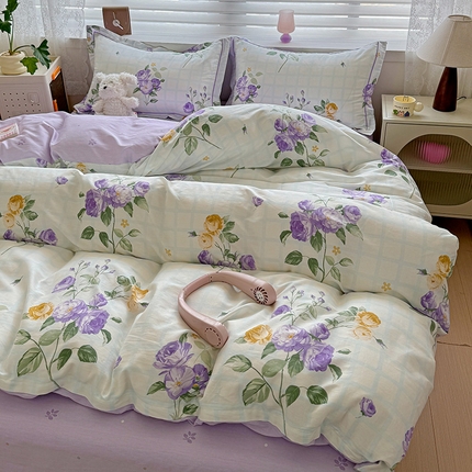 乐童 2024新款直播爆款13070纯棉印花吊边款一字绣四件套第八波紫萱花