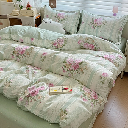 91家纺网 家纺一手货源 找家纺 乐童 2024新款直播爆款13070纯棉印花吊边款一字绣四件套第八波沉香花影